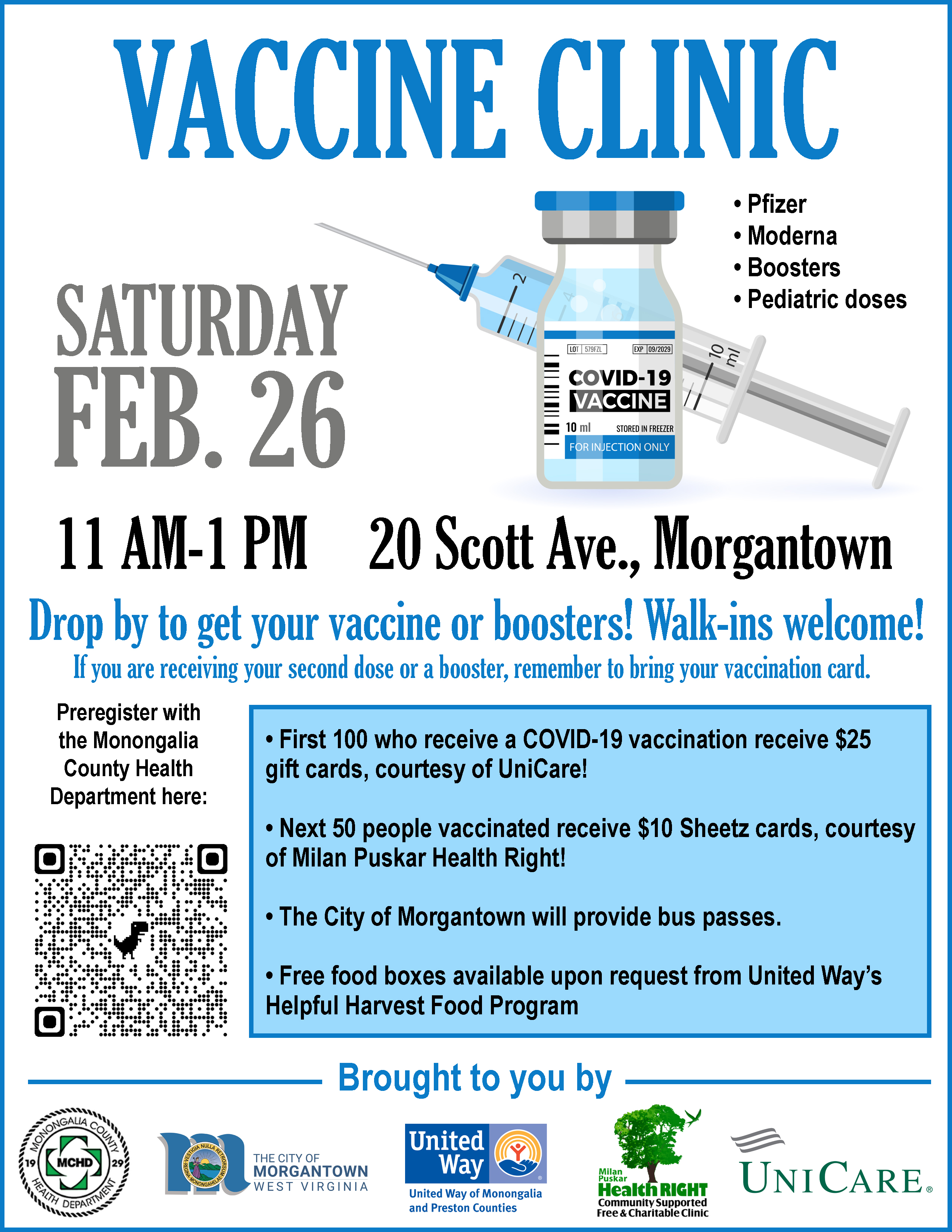 A vaccine clinic will take place on Saturday, Feb. 26.